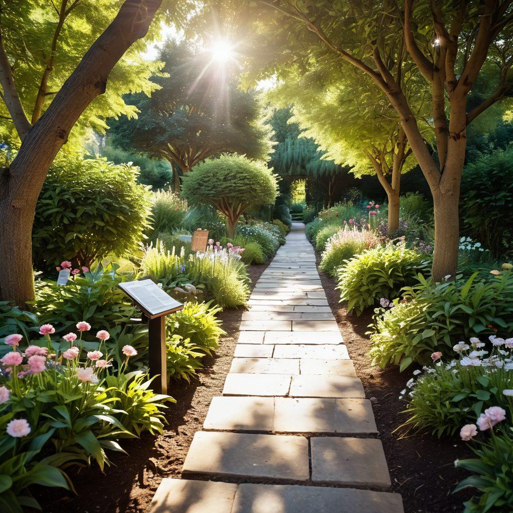 A serene pathway through a lush, blooming garden symbolizing hope, with diverse individuals of varying ages sharing smiles and conversations, holding pamphlets about cancer support. Sunlight filters through trees, creating a warm and inviting atmosphere. Illustrate elements of education with books and digital devices subtly placed along the path. soft focus, vibrant colors, super-realistic.