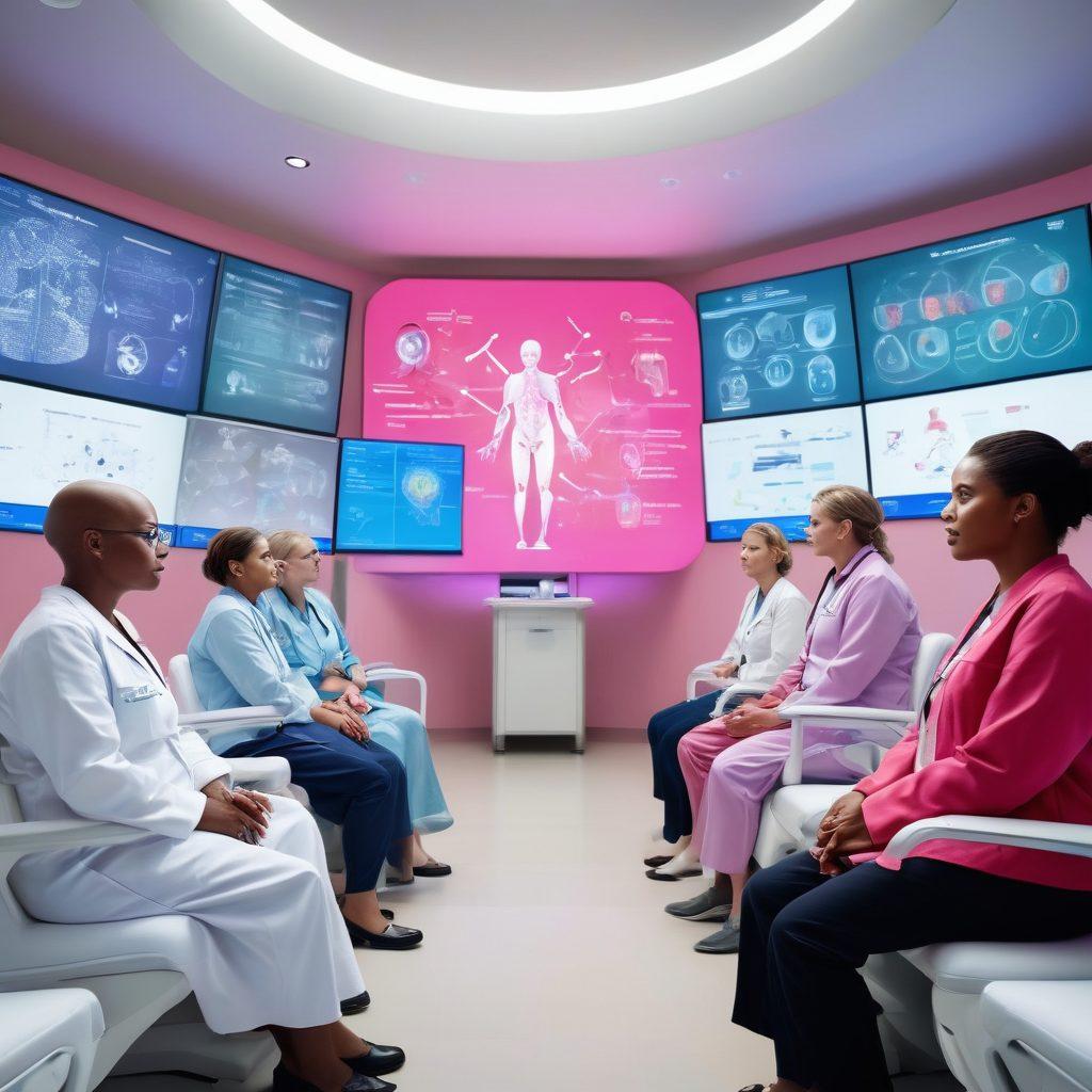 A confident and diverse group of patients sharing stories in a modern oncology clinic, surrounded by digital displays showcasing advanced cancer treatment technologies. Bright, supportive colors and a sense of hope and empowerment permeate the atmosphere, with healthcare professionals engaging with patients actively. The background features abstract representations of molecular structures and innovative medical equipment. super-realistic. vibrant colors. clean design.
