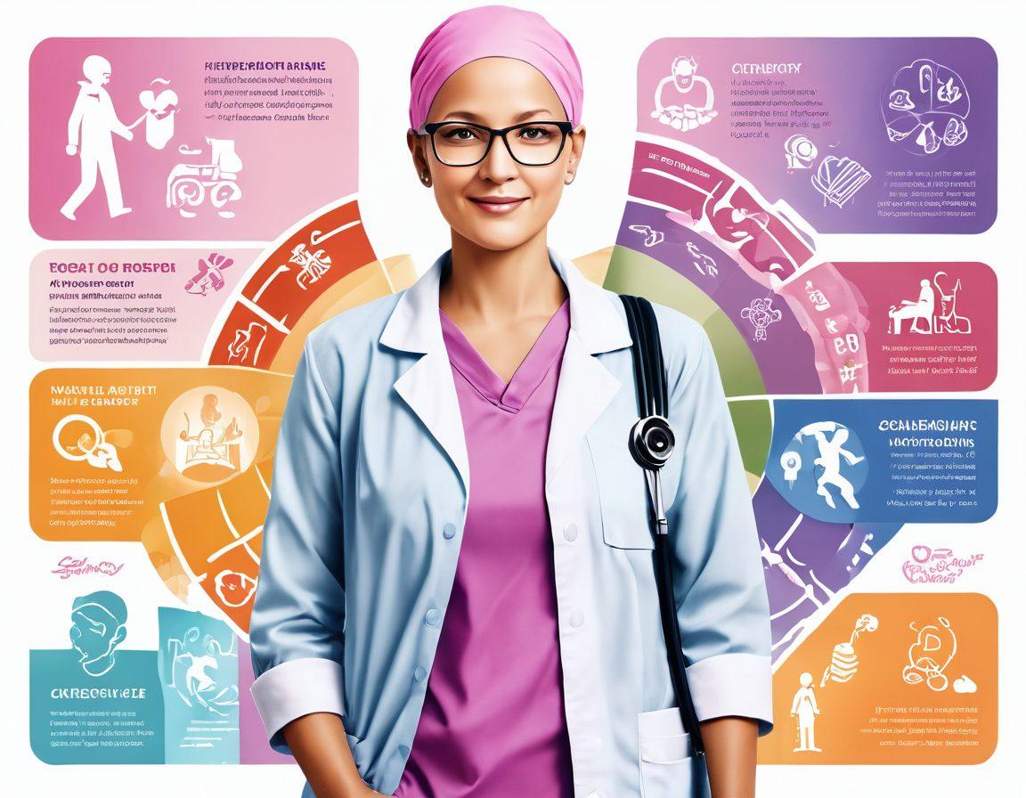 A powerful visual depicting a journey of cancer care, starting with a diagnosis icon transitioning to a survivor symbol. In the background, a healthcare professional providing support, surrounded by representations of different treatment methods like chemotherapy, radiology, and emotional support. Soft, warm colors to evoke hope and resilience, with an uplifting atmosphere. super-realistic. vibrant colors. white background.